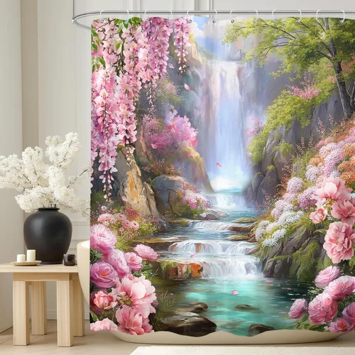 Vista 16 de Cortina de ducha floral gris y rosa de 72x72 pulgadas, flores de cerezo en rosa polvoriento y flores llorosas en primavera, tela impermeable