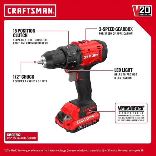 Vista 3 de CRAFTSMAN V20 Cordless Drill Set and Impact Driver, Includes 2Ah Battery and Charger, Power Tool Set with 1700 RPM 1/2 In. Power Drill, 1800 Torque