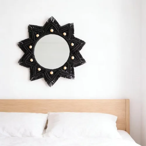 Vista 6 de TENEWEE - Espejo de pared colgante redondo de macramé bohemio Handmade woven, black, wall hanging HD glass; entryway, bedroom, apartment, hallway