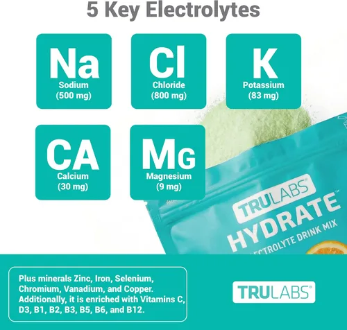 Vista 4 de TRULABS Hydrate - Mezcla de bebida con electrolitos – Sabor cítrico Splash, paquetes de hidratación sin azúcar con electrolitos de 1422 mg y 19