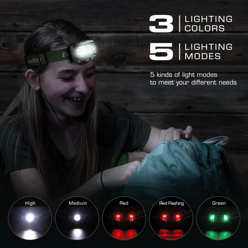 Vista 2 de EverBrite Faro, paquete de 5 faros para niños con luz roja y función de memoria, lámpara de cabeza para adultos y niños con 5 modos, faros