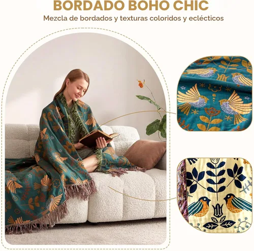 Vista 5 de LUTBM Manta bohemia para sofá de 50 x 60 pulgadas, 100% algodón, suave Animal-pájaro-a