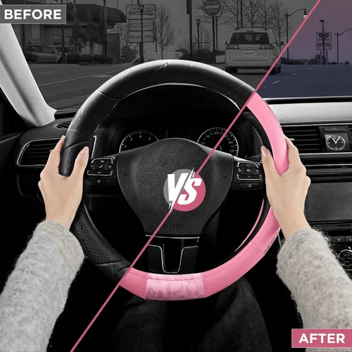 Vista 3 de Road Comforts Funda para volante, cubierta de volante de parte inferior plana hecha con piel de PVC y tela de leopardo, ajuste universal