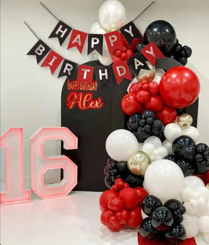 Vista 3 de Cartel de feliz cumpleaños de color rojo, plateado y negro, decoración para niños, niñas, hombres y mujeres, aniversario, fiesta de cumpleaños