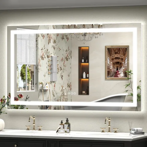 Vista 32 de Espejo de baño LED iluminado de 30 x 30 pulgadas para pared, espejo cuadrado de tocador con luces, regulable, antivaho, a prueba de roturas