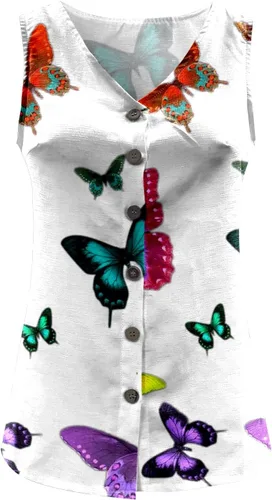 Vista 4 de Camiseta sin mangas para mujer de verano con botones sin mangas casual cuello en V estampado de mariposas algodón lino blanco L