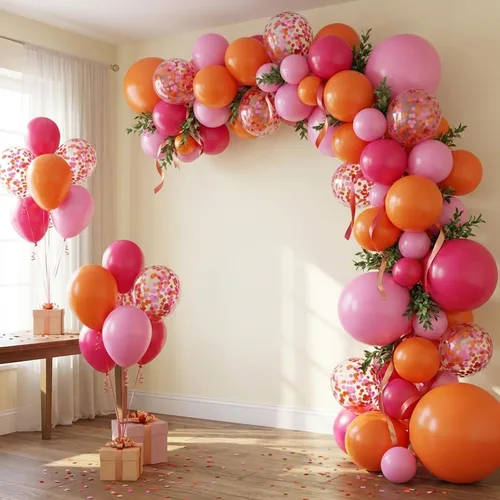 Vista 7 de Globos rosa y naranja, 55 globos de color rosa claro de 12 pulgadas, globos de confeti rosa y naranja para baby shower, cumpleaños, boda