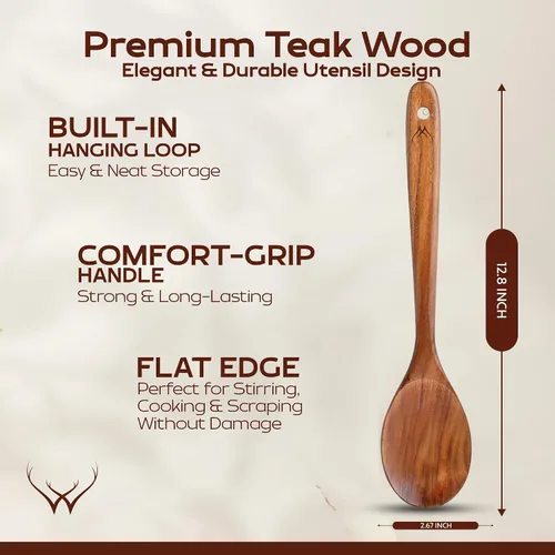 Vista 2 de Cuchara de madera de teca de mango largo de 12 pulgadas para cocinar con soporte de cuchara grande de teca, cucharas de madera de primera calidad