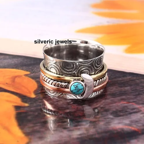 Vista 2 de Anillo giratorio de media luna turquesa con piedras preciosas de plata de ley, anillo giratorio de meditación, joyería de plata
