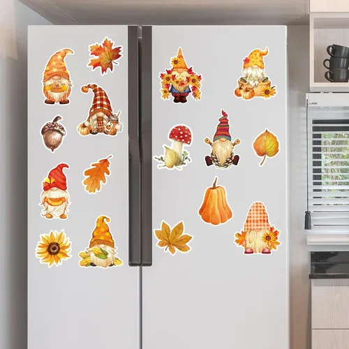 Vista 6 de Whaline 16 imanes de gnomo de otoño para refrigerador, calcomanías de imanes de nevera de otoño, hojas de arce, calabazas, forma de gnomo