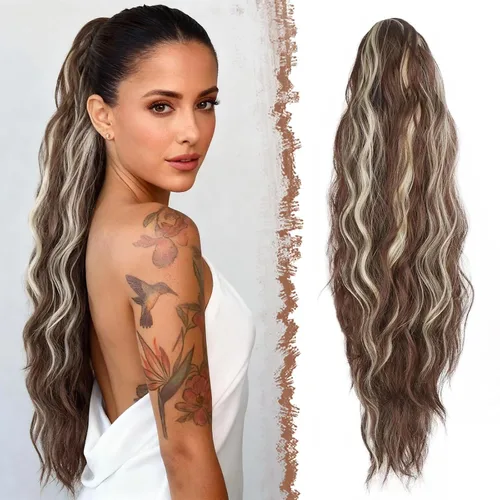 Vista 12 de FESHFEN Extensiones de cola de caballo – 26 pulgadas cordón largo rizado ondulado clip en colas de caballo pelo sintético extensiones de cola