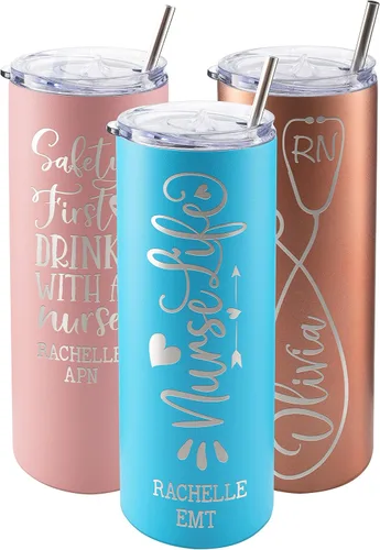 Vista 14 de Regalos de enfermera para mujeres, vaso personalizado para enfermera con nombre y especialidad, 20 onzas flacas, blanco, 8 diseños, con cepillo