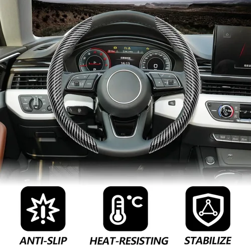 Vista 4 de 2 fundas de volante de fibra de carbono de ajuste universal, antideslizantes, protector segmentado para volante, accesorios interiores de automóvil