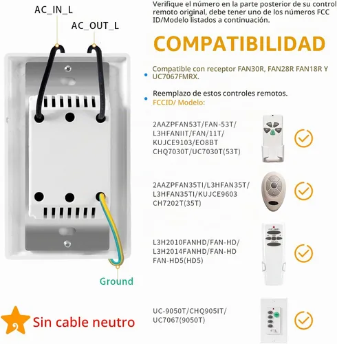 Vista 4 de Humpptom Control remoto universal para ventilador de techo, interruptor de pared UC9050T, UC9050T, control remoto de pared compatible con Hampton