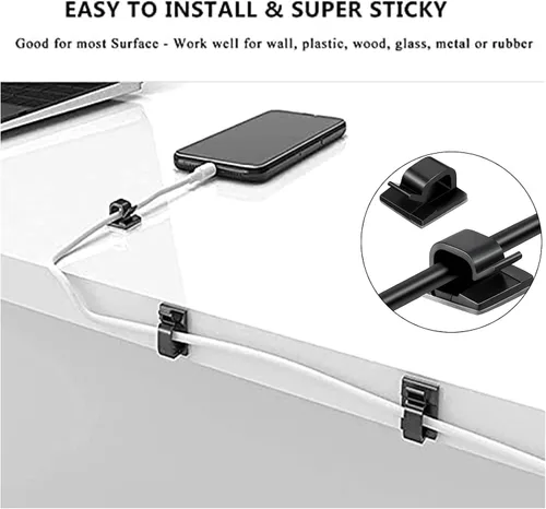 Vista 4 de Kit organizador de cables con 2 fundas para cables divididas con 41 clips autoadhesivos, 10 unidades y 2 rollos de ataduras autoadhesivas y 100