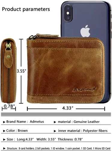 Vista 5 de Admetus Billeteras con bloqueo RFID para hombre, billetera de cuero con cremallera para hombres con tarjetero RFID plegable