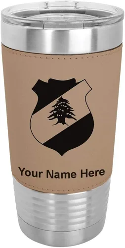Vista 8 de LaserGram 20oz Vacuum Insulated Tumbler Mug, Coat of Arms Lebanon, Personalized Engraving Included (Faux Leather, Baseball Style)