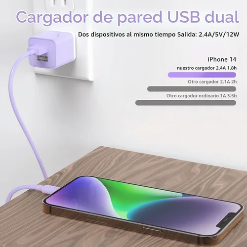 Vista 7 de iGENJUN Paquete de 5 cargadores de iPhone, adaptador de bloque de cargador de pared USB de doble puerto con cable Lightning largo de 6 pies, cables