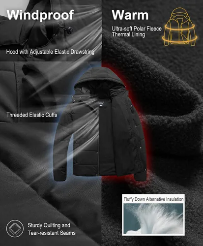 Vista 5 de CREATMO US Chaqueta acolchada de invierno para hombre grande y alta, impermeable, abrigo de burbujas, parka de esquí hinchada con capucha