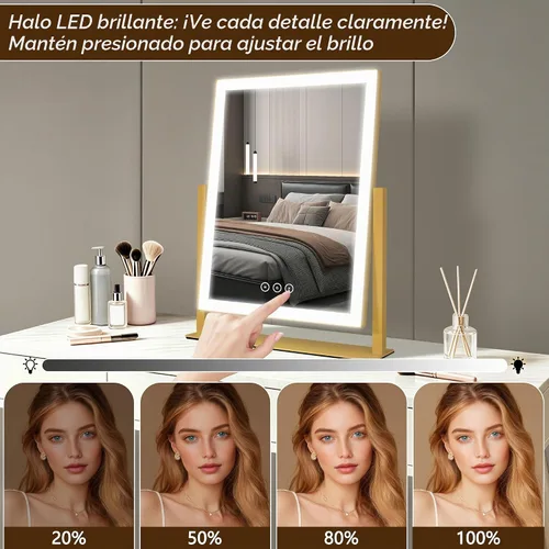 Vista 3 de Kotdning Espejo de tocador con luces, espejo de maquillaje LED de 16.7 x 13.2 pulgadas, espejo de maquillaje iluminado con luces, control táctil