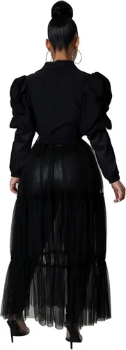Vista 4 de Ekaliy Blusa sexy para mujer, manga larga con volantes, con botones, de malla transparente, maxi vestido con cinturón