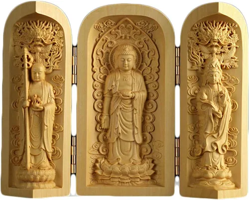 Vista 15 de Caja de oración de budismo tibetano tallado en madera de boj natural (1000 brazos Avalokiteshvara Diosa)