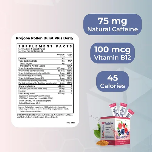 Vista 3 de Projoba Polen Burst Plus Berry - 30 paquetes Natural flower pollen energy, vitamins, antioxidants, berry flavor, 30 portable stick packs, mixes
