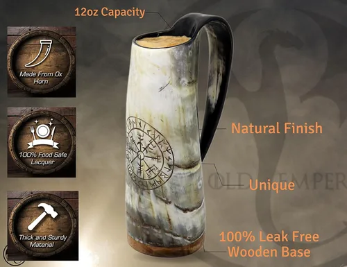 Vista 3 de Taza de café vikingo para beber, 12 onzas, regalos para hombres y mujeres, cuerno de buey real, grado alimenticio, medieval, líquidos calientes
