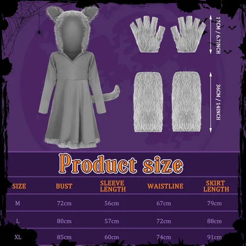 Vista 2 de Bonuci Disfraz de lobo de Halloween de 3 piezas para niñas, vestido de hombre lobo con cola, guantes de pata de lobo, calentadores de piernas