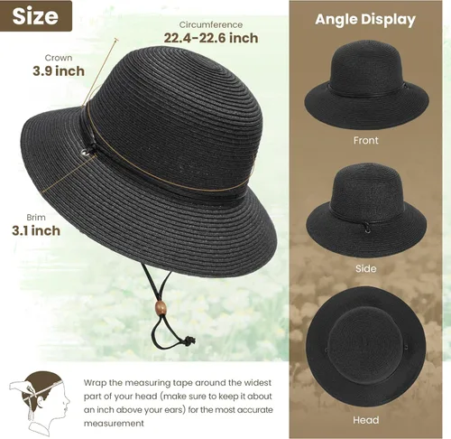 Vista 2 de Simplicity UPF 50+ sombrero de paja con visera ancha para el sol, trenzado, con cordón, para mujer.