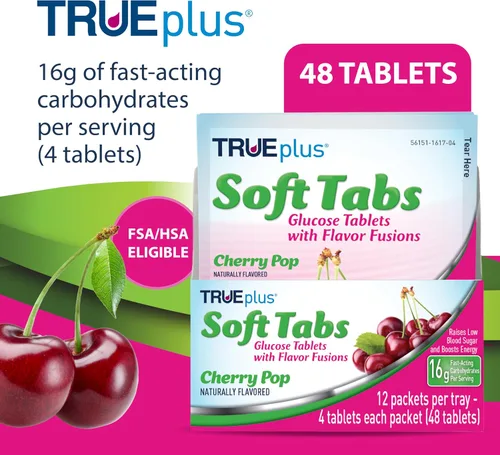 Vista 2 de TRUEplus Soft Tabs Tabletas de glucosa, masticables, sabor Cherry Pop, 0.64 onzas de carbohidratos de acción rápida, sin grasa, sin gluten, Boost