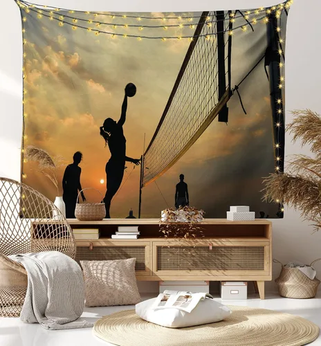 Vista 8 de Lunarable Tapiz de voleibol, deportes de playa al atardecer, red de cielo abierto y actividades de pelota, diversión y juegos, decoración de tela