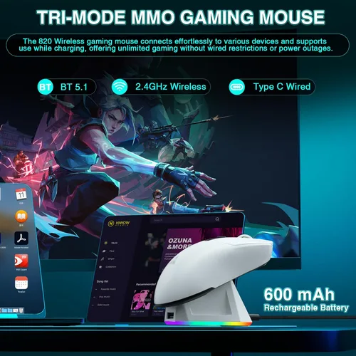 Vista 4 de SOLAKAKA SM820 - Mouse inalámbrico para juegos con base de carga RGB, 24000 DPI Tri-Modos Ratón inalámbrico con 2 botones laterales, mouse macro