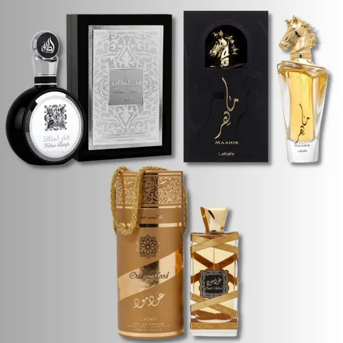 Vista 2 de Lattafa Set de regalo unisex de 3 piezas Eau de Parfum (Maahir + Fakhar para hombres + Elixir de humor Oud) 3.4 onzas cada uno