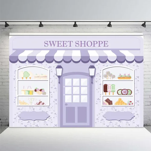 Vista 12 de MEHOFOND Telón de fondo Sweet Shoppe de 5 x 3 pies para niña, fondo de fotografía de cumpleaños, pancarta de fiesta para niños, baby shower, dona