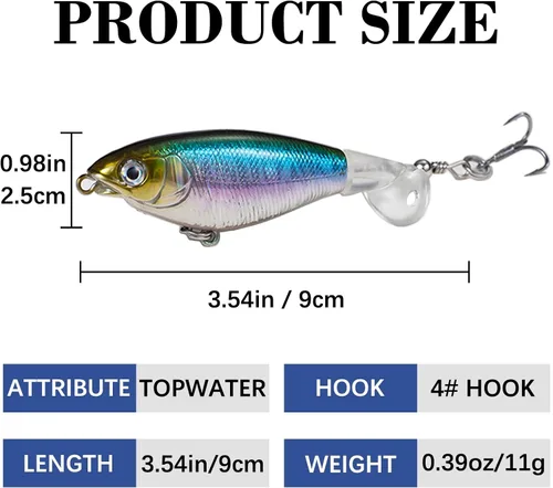 Vista 2 de Topwater - Señuelos de pesca para lubina, señuelos Whopper Popper con ojos 3D realistas y colas giratorias para agua dulce y salada, juego de 5