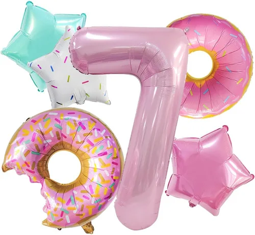 Vista 9 de Decoraciones de dona para el primer cumpleaños, suministros de decoración de fiesta de cumpleaños para niñas, 40 pulgadas, color rosa, 6 globos