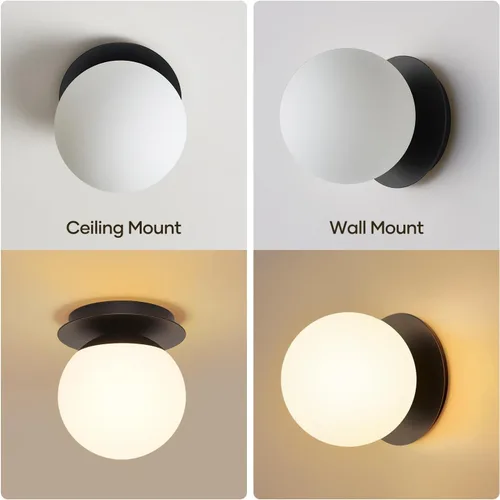 Vista 4 de 1 aplique de pared negro mate, moderno aplique de baño con vidrio de globo lechoso, lámpara de pared para espejo de baño, sala de estar, pasillo