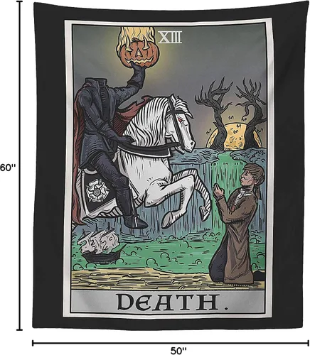Vista 10 de Tapiz de cartas del tarot de la muerte, jinete sin cabeza, La leyenda del somnoliento hueco, gótico, Halloween, decoración para colgar en la pared