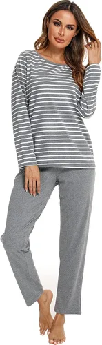 Vista 3 de Pijamas de algodón para mujer, ropa de dormir de manga larga con pantalones, suave y cómoda a rayas, conjunto de pijama para mujer