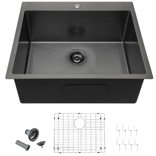 Vista 15 de Friho Fregadero de barra empotrable negro de 15 x 15 pulgadas, fregadero de cocina de acero inoxidable de un solo tazón montado en superficie