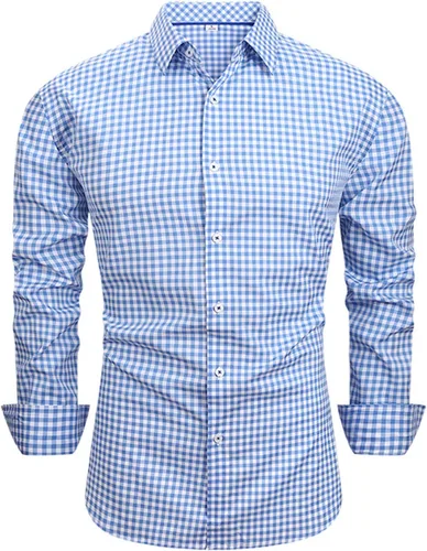 Vista 6 de Ymosrh Camisa de vestir a cuadros para hombre, de manga larga, informal, de moda, con botones