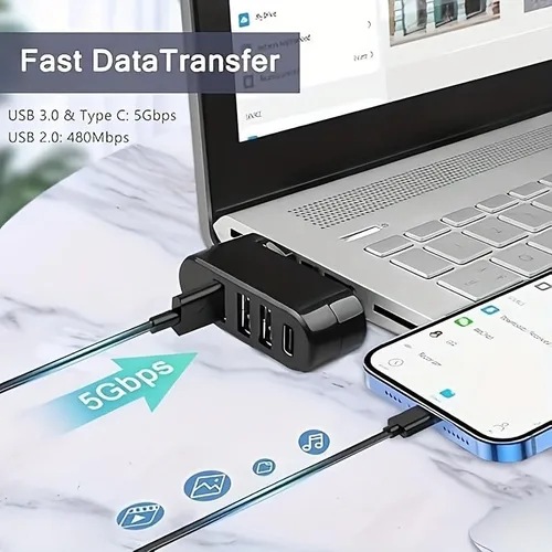 Vista 4 de Hub USB 3.0 de 4 puertos [90°/180° grados giratorio], divisor USB con puerto USB C de 5 W, extensor USB para laptop, automóvil y más