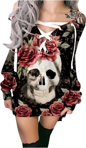 Vista 2 de Vestido sexy con hombros descubiertos para mujer estampado de calabaza tiras cruzadas con bloques de color vestido corto con estampado de calabaza