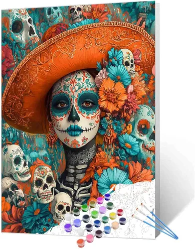 Vista 18 de Tucocoo Decoración del Día de los Muertos, pintura por números, esqueleto para parejas, pintura por números sobre lienzo con pinceles y pigmento