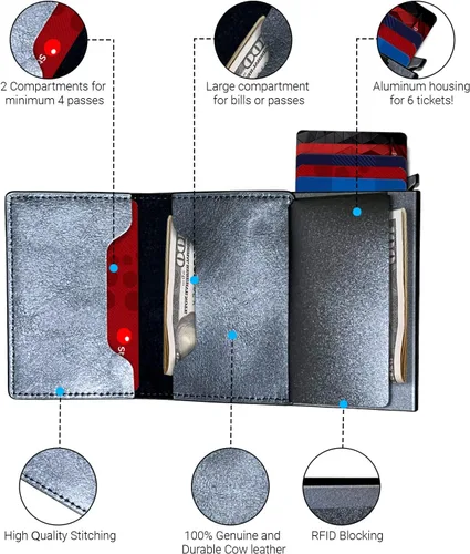 Vista 2 de Cartera delgada con bloqueo RFID, cartera de cuero con bloqueo RFID, billetera desplegable automática, billetera triple de aluminio, cartera