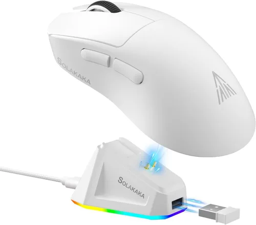 Vista 10 de SOLAKAKA SM822 - Mouse inalámbrico para juegos con base de carga, mouse inalámbrico de tres modos, sensor óptico PAW3311, hasta 24,000 DPI, mouse