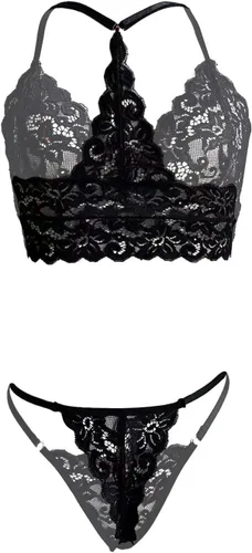 Vista 6 de Lencería de talla grande para mujer, sexy, traviesa, conjunto de brasier de encaje y bragas, bralette halter, ropa interior de 2 piezas