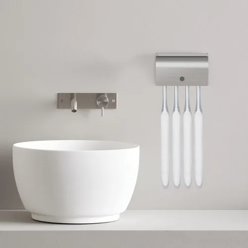 Vista 6 de Linkidea - Soporte para cepillo de dientes con cubierta para baño, ducha, acero inoxidable, autoadhesivo, 4 ranuras, organizador de cepillos