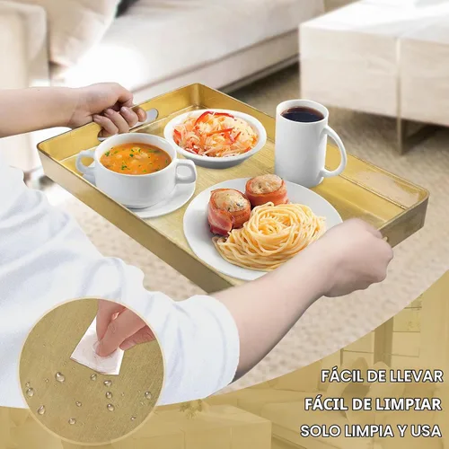 Vista 4 de MAONAME Bandeja Decorativa Dorada con Asas, Bandeja de Servir de Papel Aluminio para Otomana, Bandejas de Café Rectangulares para Sala de Estar